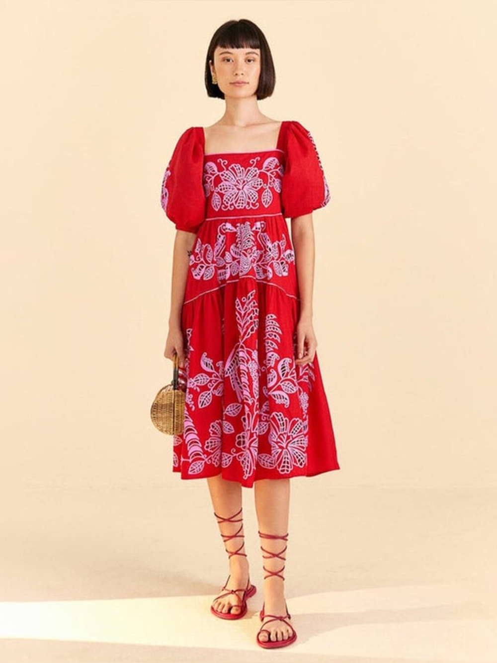 FARM Rio Palm Tree Richilieu Midi Dress Medium Red Pink